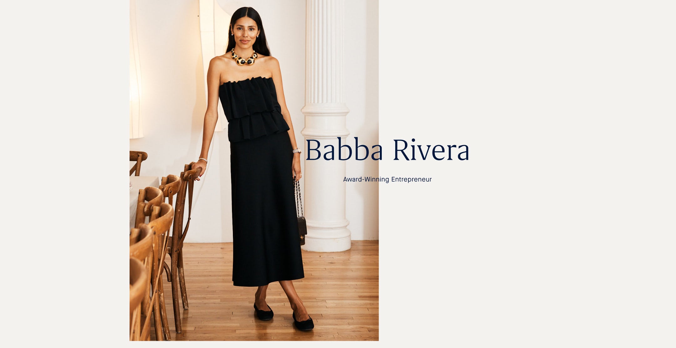 An image of Babba Rivera wearing The Ballet Flat in Black, with copy overlay reading "Babba Rivera | Award-Winning Entrepreneur"