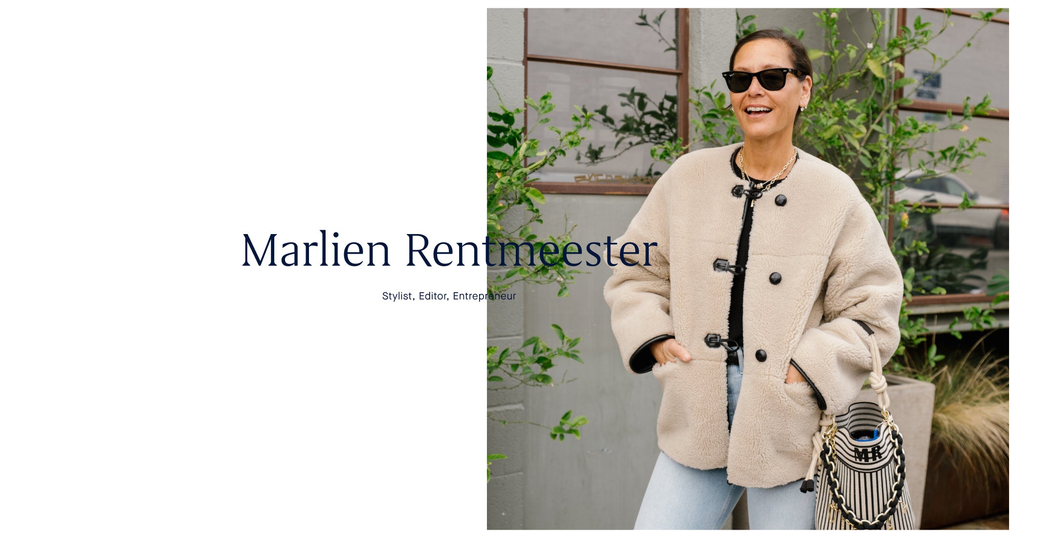 An image of Marlien Rentmeester holding The Rope Tote and The Shoulder Strap in Black Chain, with copy overlay reading "Marlien Rentmeester | Stylist, Editor, Entrepreneur"