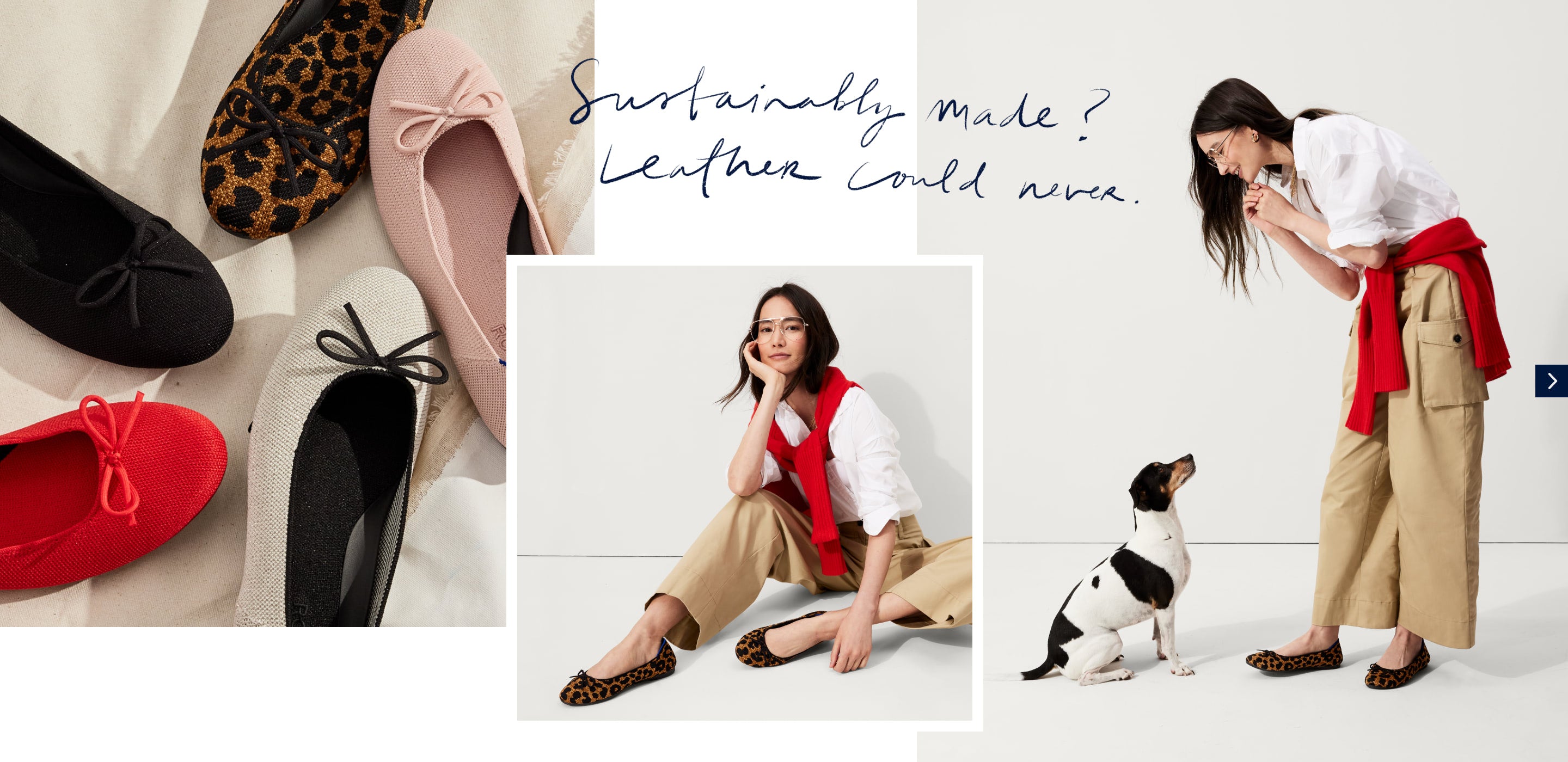 A collage of images of the Ballet Flat, with handwritten overlay reading, "Sustainably made? Leather could never."