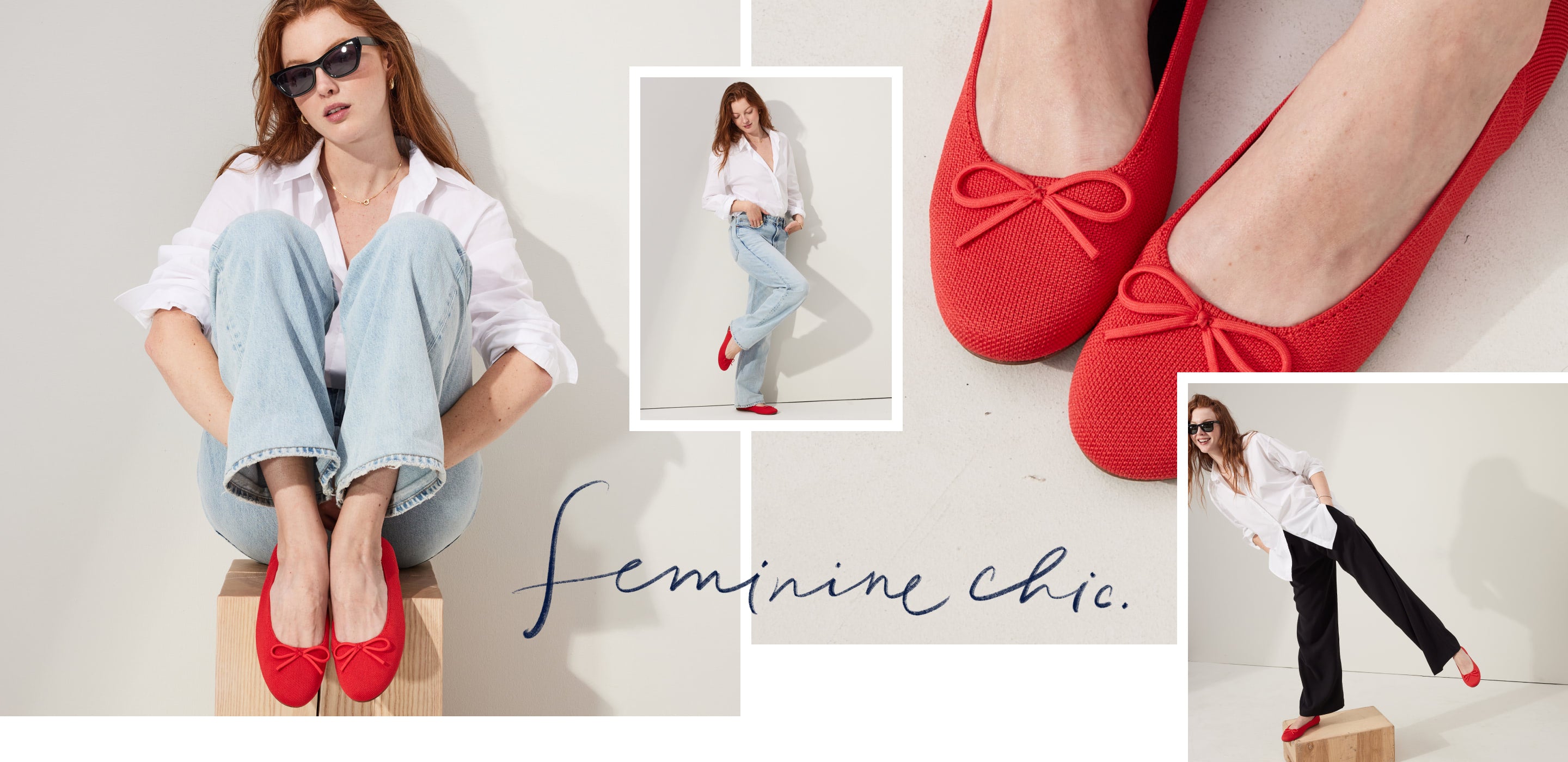 A collage showing a model wearing The Ballet Flat in Glamour Red in different poses. Text overlaid reads, "Feminine chic."