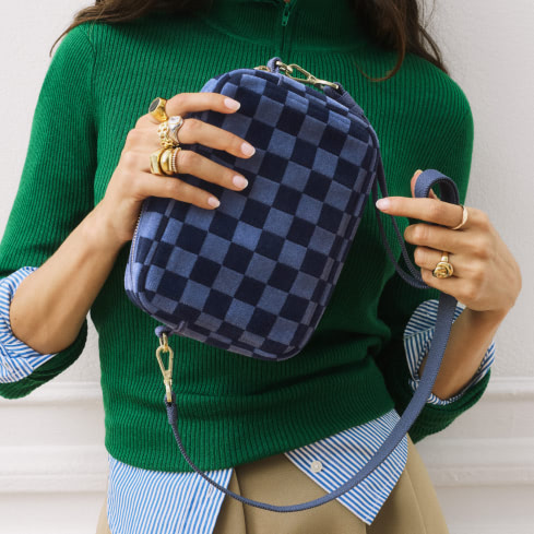 The Crossbody Camera Bag  in ReVelvet™ Blue Ink.