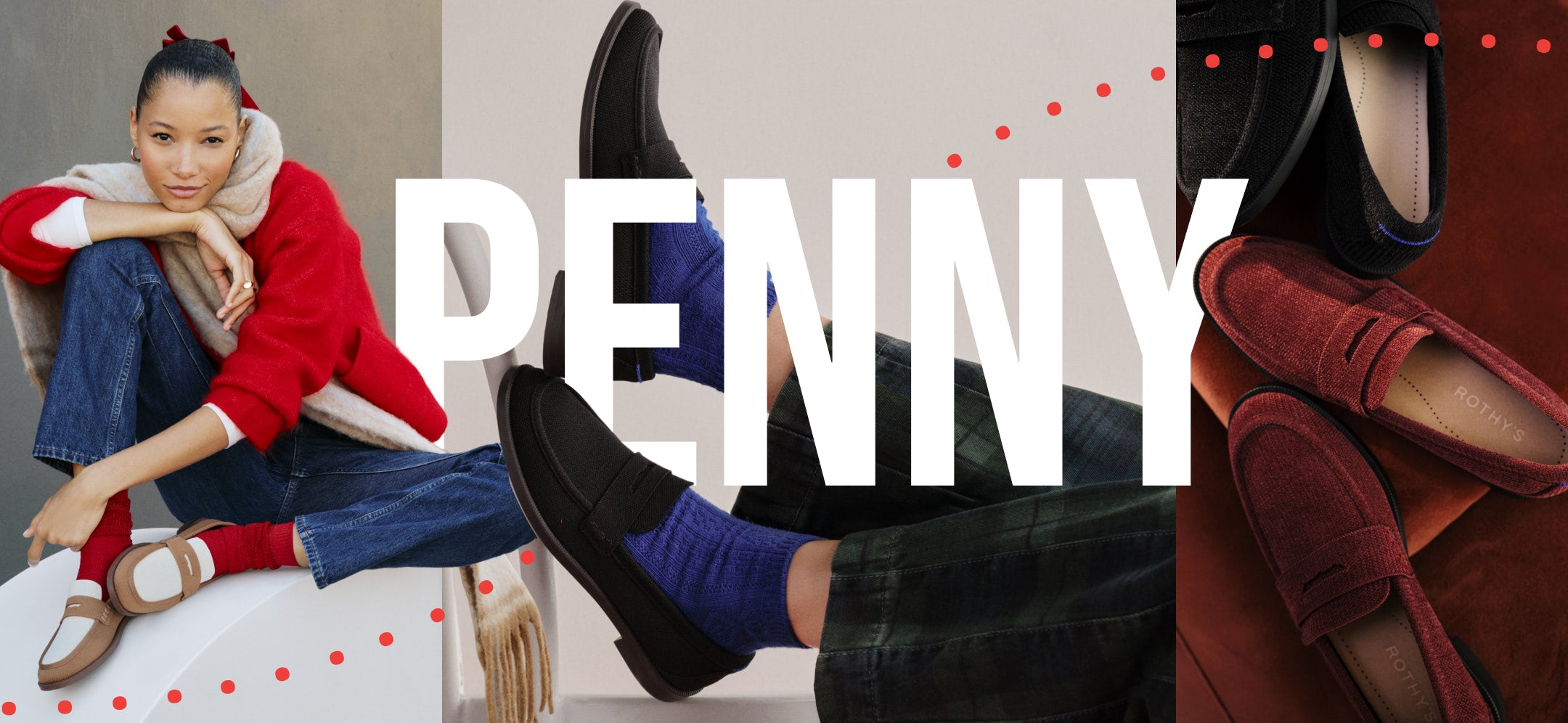 Collage of a person wearing The Revelvet Penny Loafer with 'PENNY' text overlay.