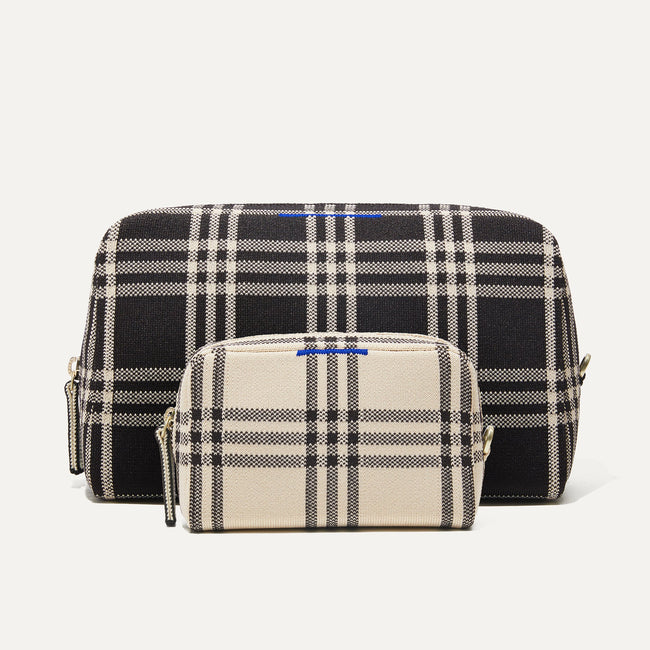 The Universal Pouch Set in Black and Cream Plaid shown from the front.