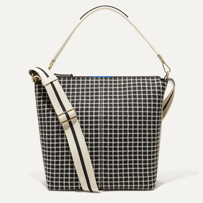 The Mini Zip Bucket in Black & Ivory Grid shown from the front.