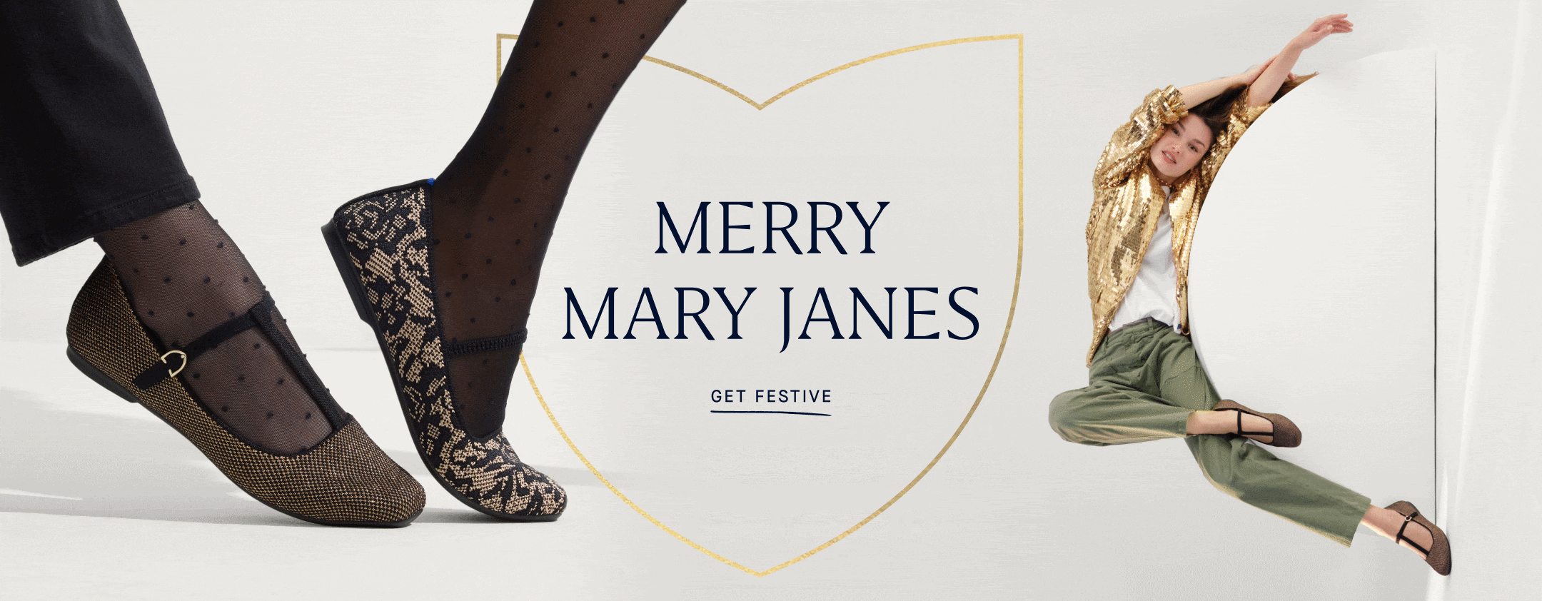 Several close up shots of Mary janes with text overlay, "Merry Mary Janes. Get festive." 