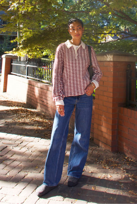 Person wearing The Cozy Clog in  Black Sesame Bouclé.