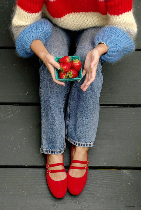Person wearing The ReVelvet™ Double Buckle Mary Jane in ReVelvet™ Red Crisp.