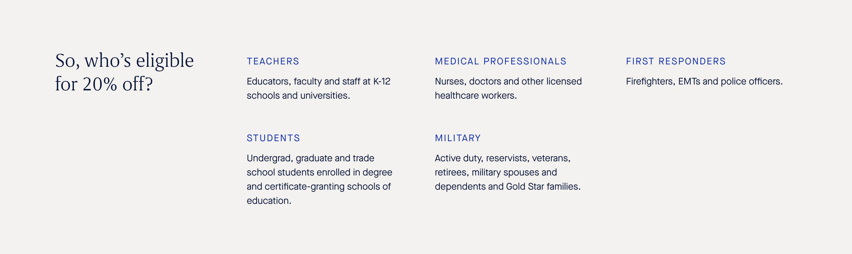 Educators, First Responders, Healthcare and Military Discount