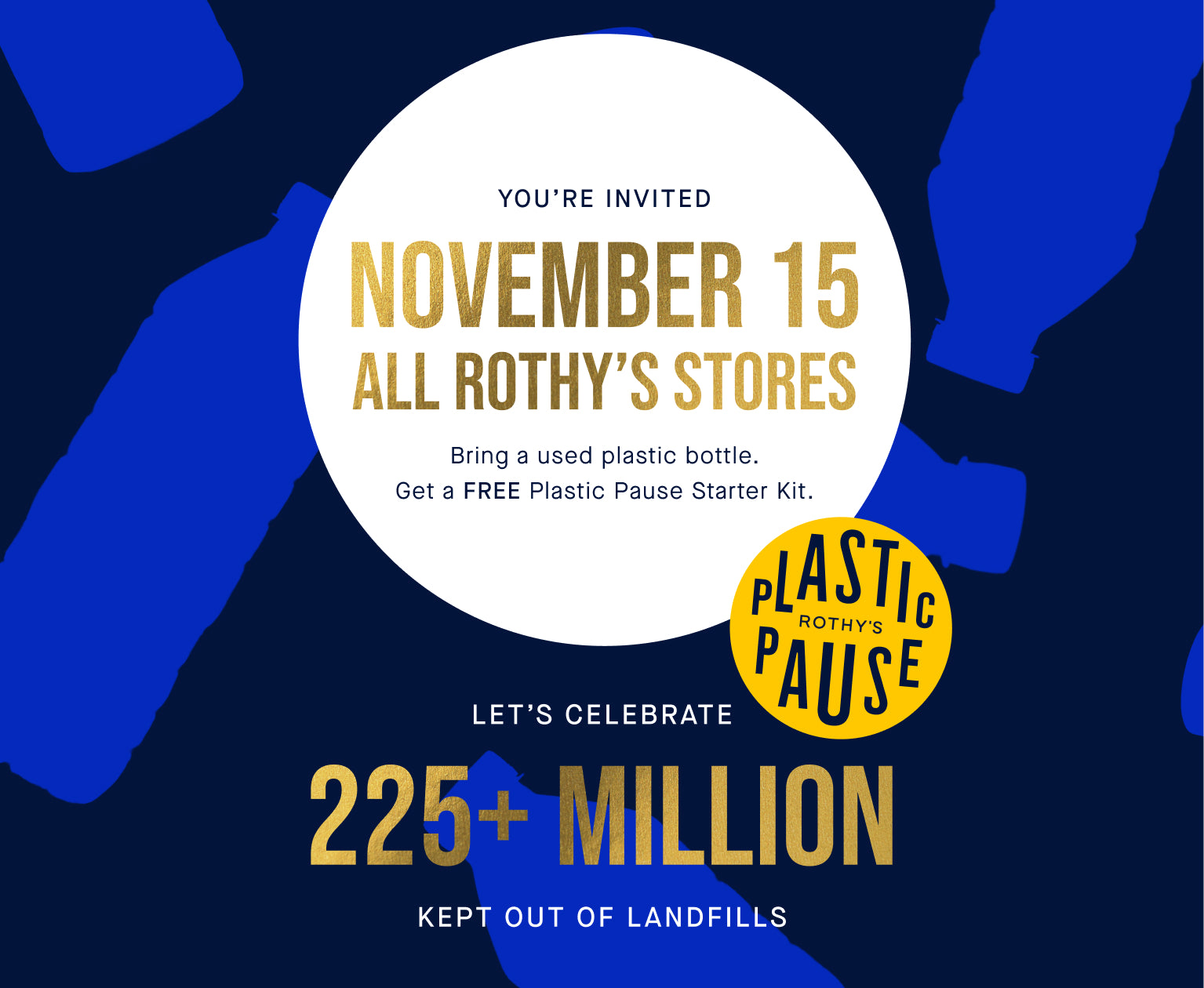 Promotional flyer for Rothy's stores event on November 15th, encouraging participation in a plastic bottle recycling program.