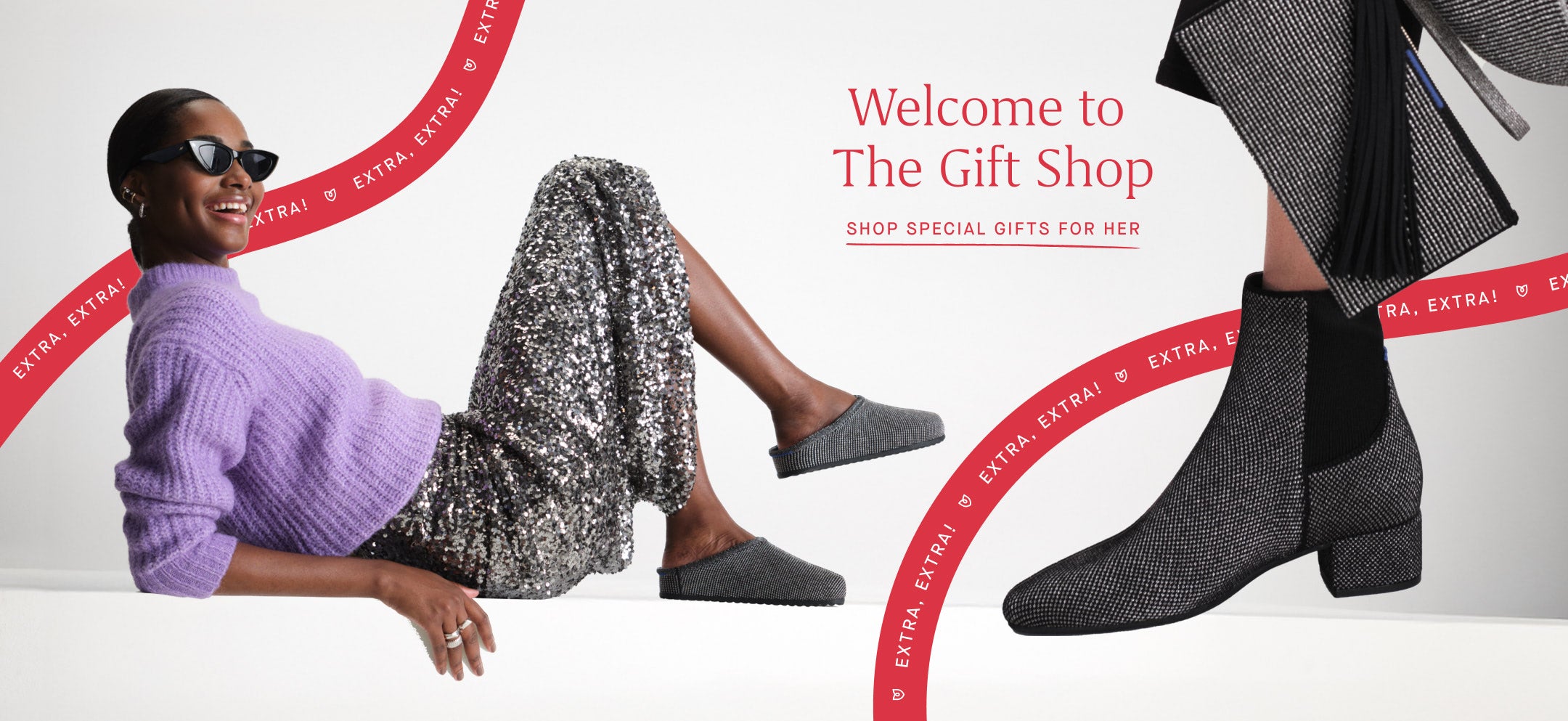 An image of a model wearing The Casual Clog in Star Studded and The Classic Boot in Star Studded, a red ticker tape reading "EXTRA, EXTRA!" and red copy overlay reading "Welcome to The Gift Shop | SHOP SPECIAL GIFTS FOR HER". 