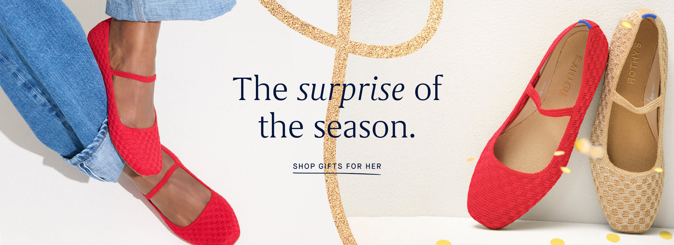 An image of The Max Square Mary Jane in Red Crisp Basketweave and Gold Basketweave, with copy overlay reading "The surprise of the season. | GIFTS FOR HER"