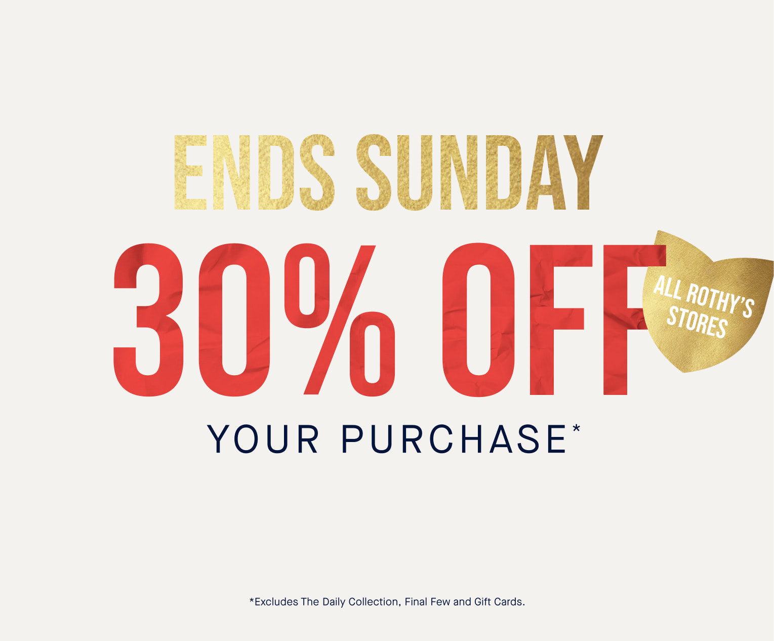 Promotional banner with '30% off your purchase' offer ending on Sunday, featuring All Rights Reserved logo.