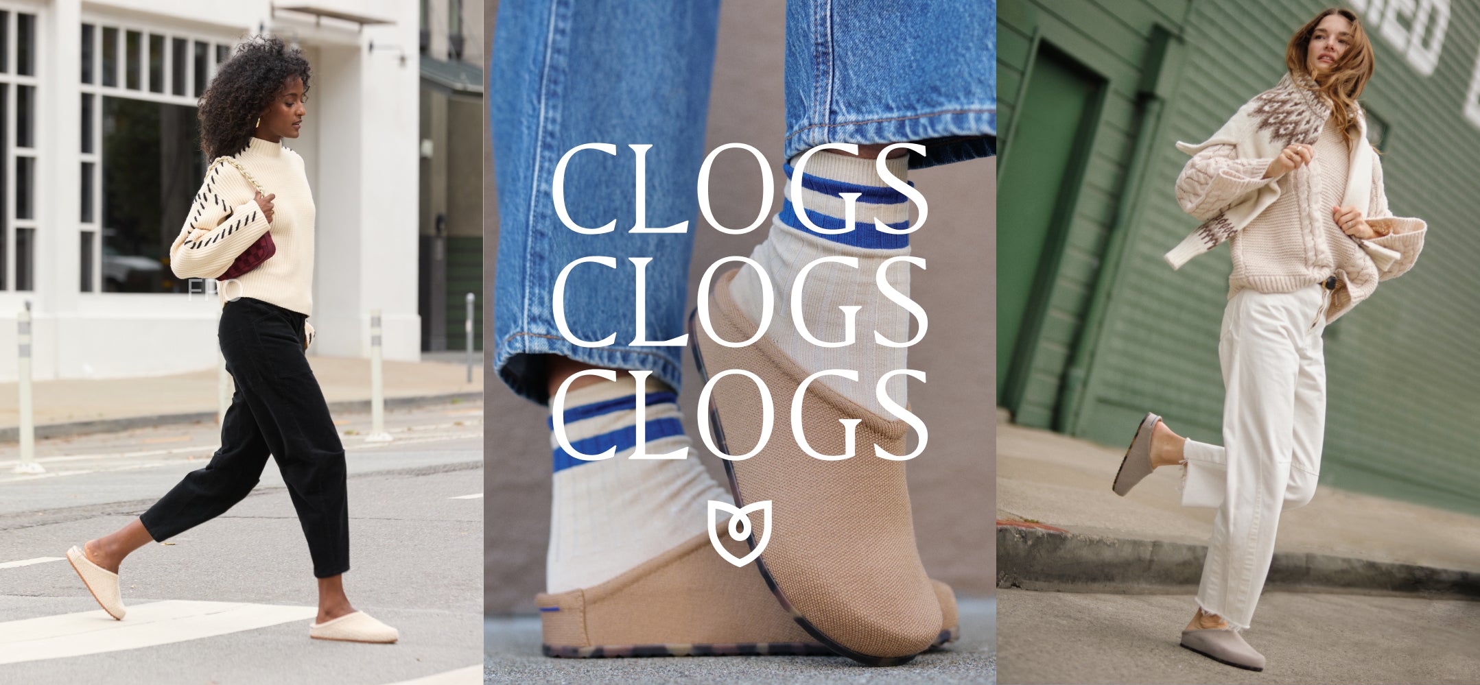 Series of Model wearing The casual Clog, with text overlay ' CLOGS, CLOGS, CLOGS."
