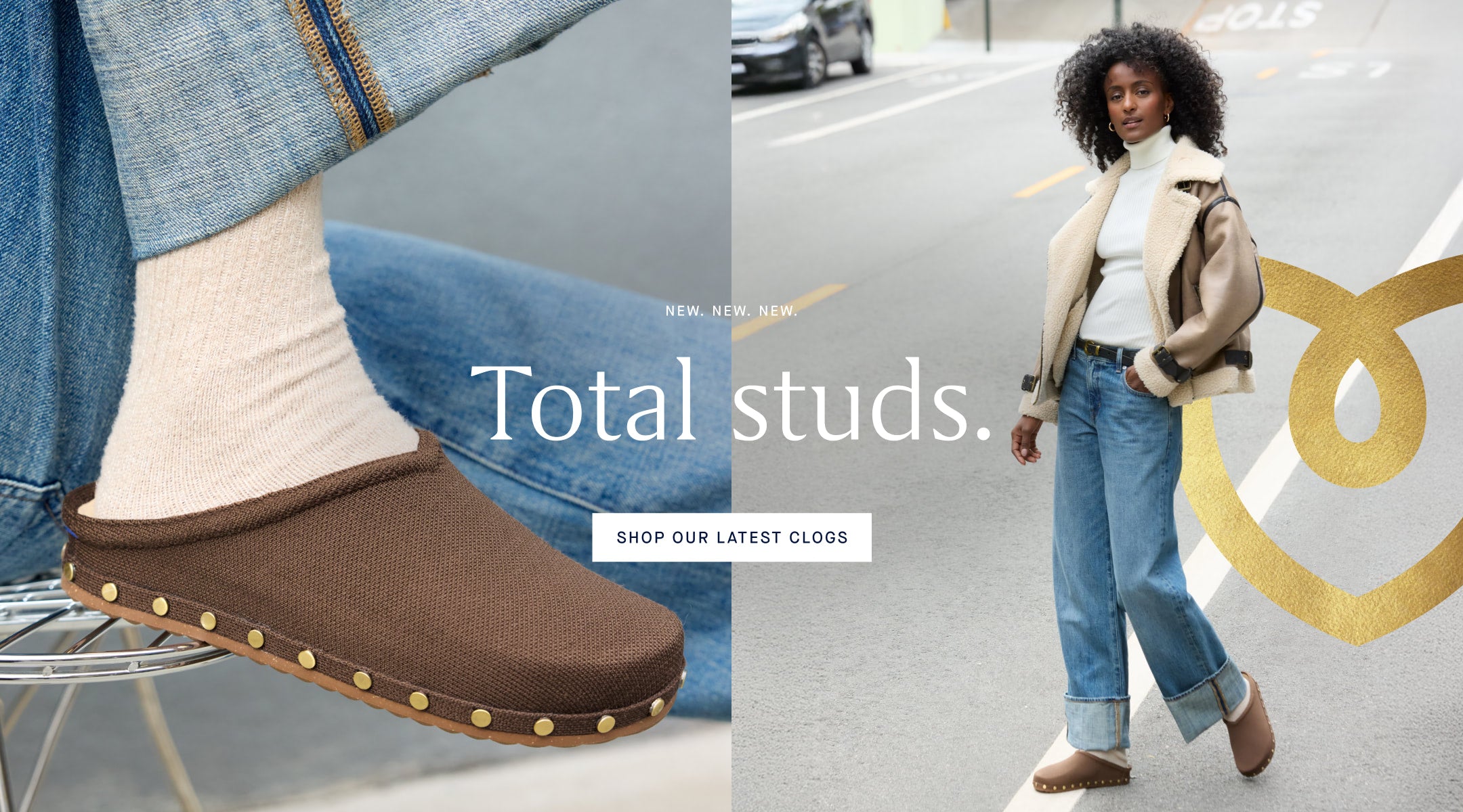 The Studded Casual Clog in Studded Cinnamon worn by a person, with text 'Total studs' and 'Shop our latest clogs' on a gray background.