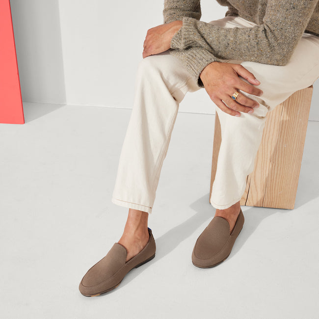 Model wearing The Ravello Loafer in Faded Brown.