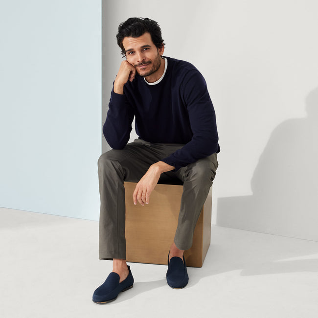 Alternate view of a model wearing The Ravello Loafer in Navy.