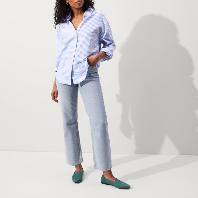 Alternate view of a model wearing The Almond Loafer in Blue Sage.