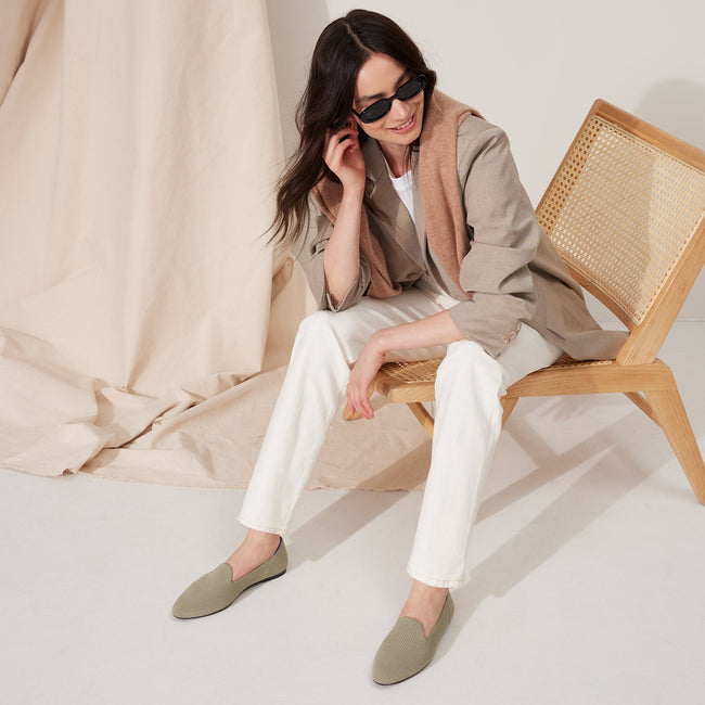 Alternate view of a model wearing The Almond Loafer in Khaki.