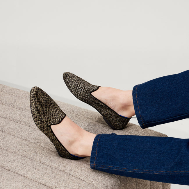 hover | Model wearing The Almond Loafer in Sparkle Herringbone.