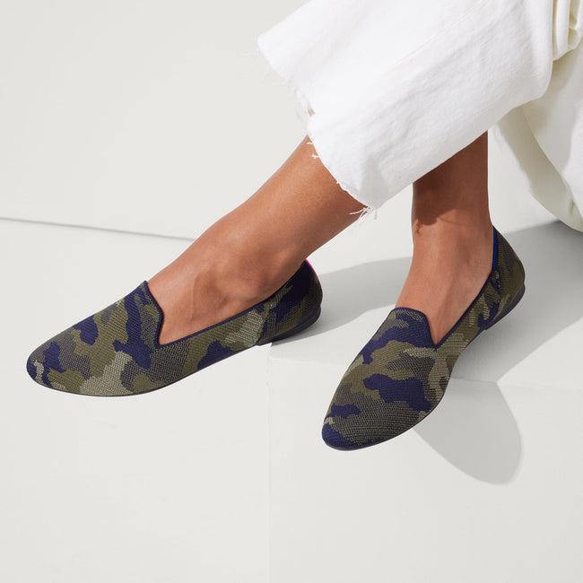 Model wearing The Almond Loafer in Spruce Camo.