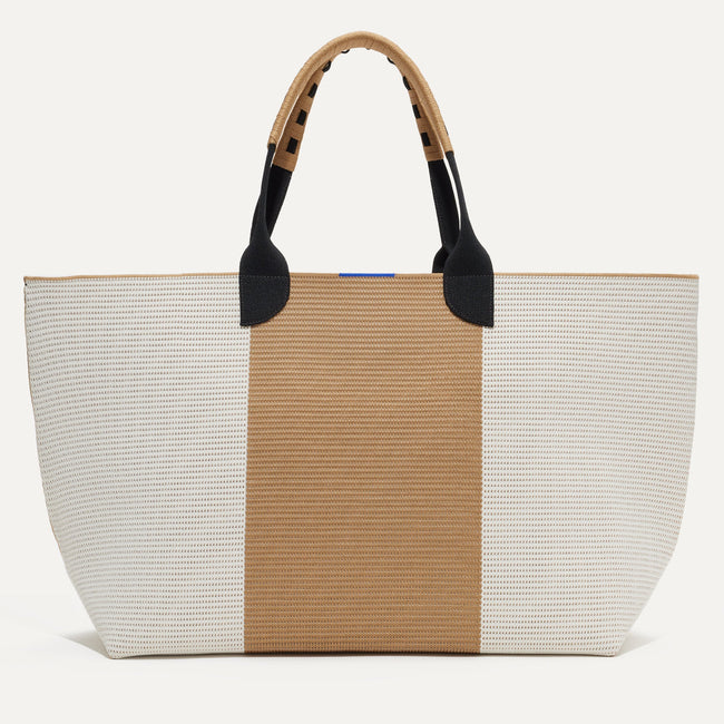 The Lightweight Mega Tote in Camel Colorblock, shown from the from the front.