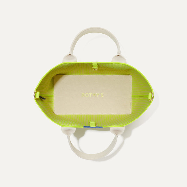 The Lightweight Petite Tote in Chartreuse, shown from above with the interior exposed.