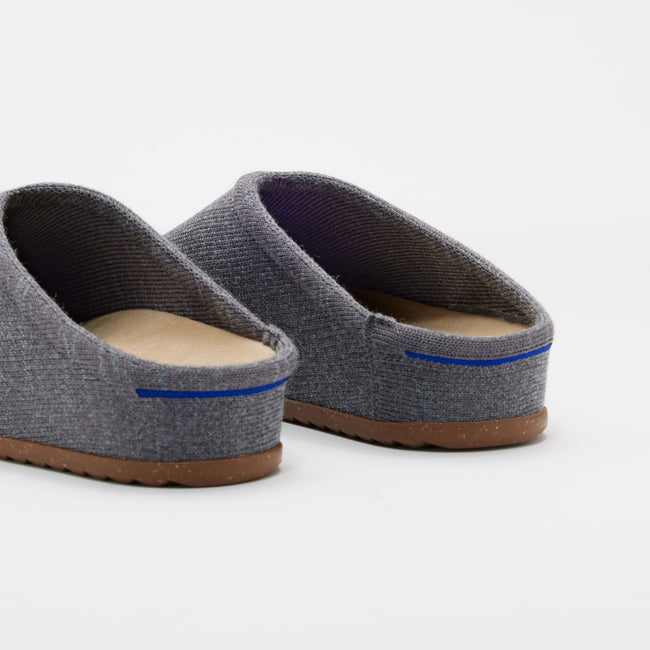 Close up of the heel of The Casual Clog in Mountain Grey, with Rothy's signature blue halo.