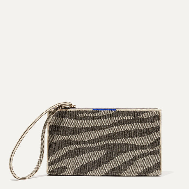 The Wallet Wristlet in Shimmer Zebra, shown from the front.