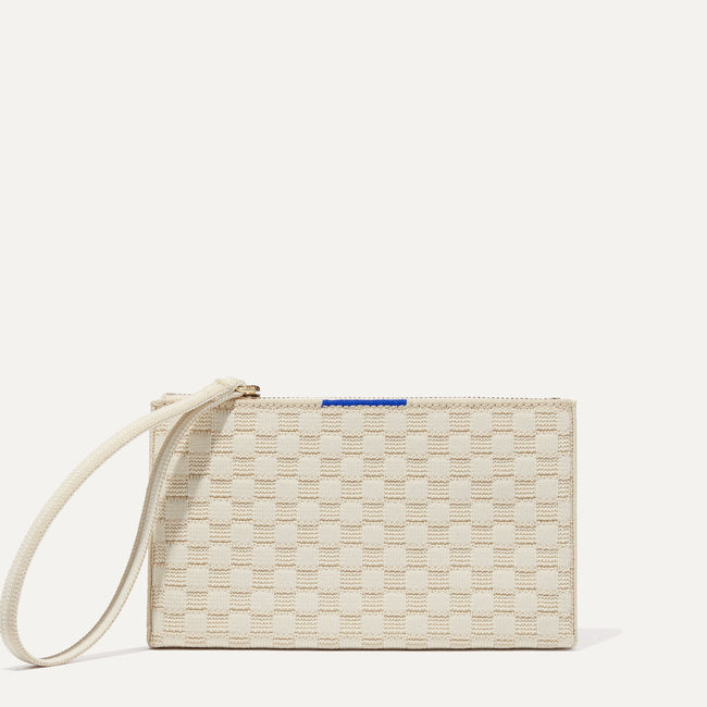 The Wallet Wristlet in Vanilla Basketweave, shown from the front. 