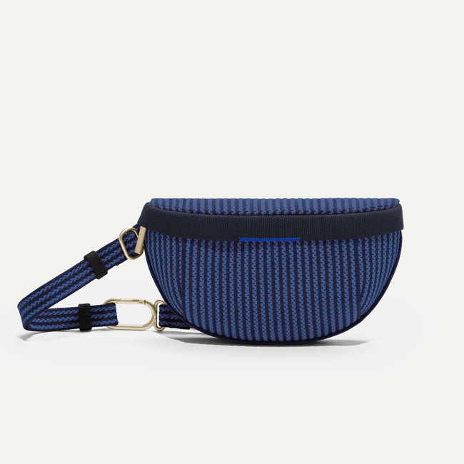 The Casual Sling in Navy Stripe shown from the front. 
