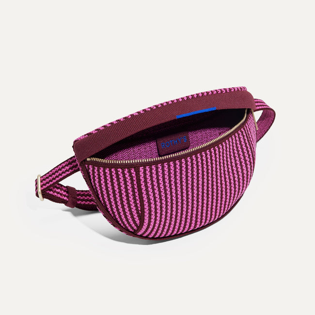 The Casual Sling in Sangria Stripe shown open from the top in diagonal view. 
