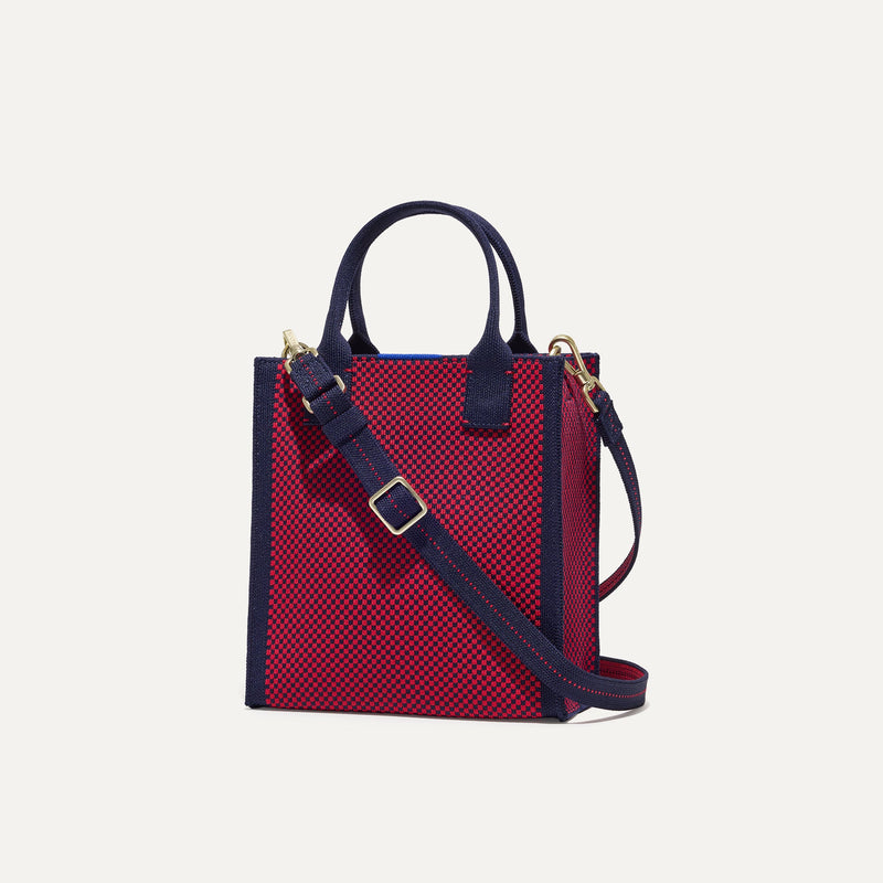 PLP |The Petite Classic Tote in Cherry Micro Check shown from the front.