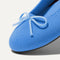 Close up of the rounded toe and bow detail of The Ballet Flat in Cerulean.