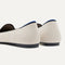Close up of the heel of The Lounge Loafer in Vanilla, with Rothy's signature blue halo. 