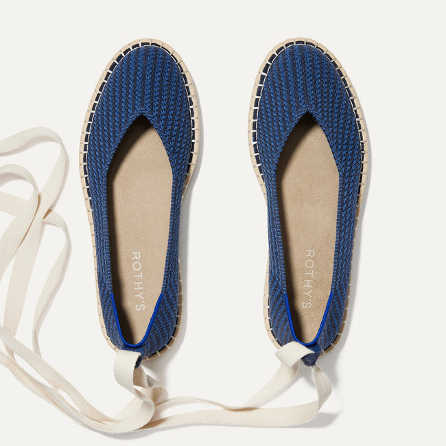 The Espadrille in Navy Stripe shown from the top, with the ankle tie. 