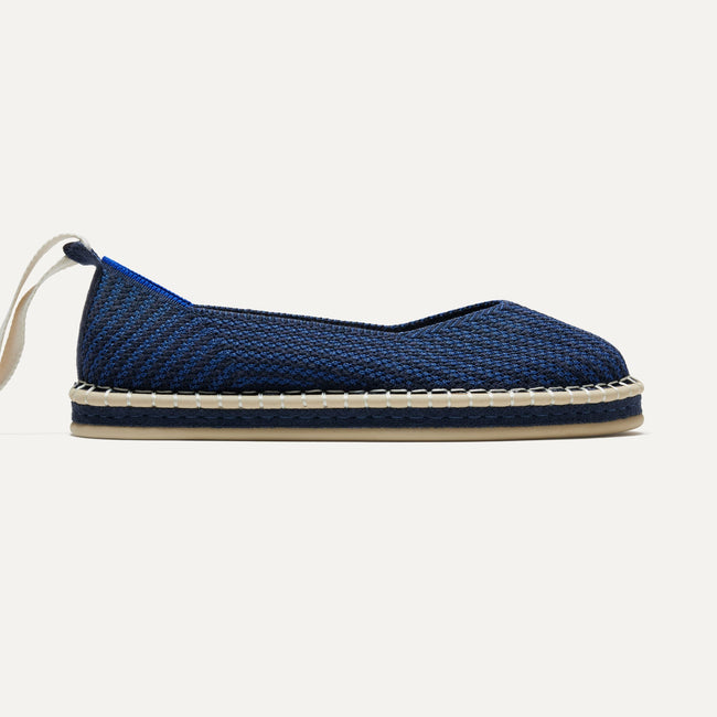 The Espadrille in Navy Stripe, shown from the side. 