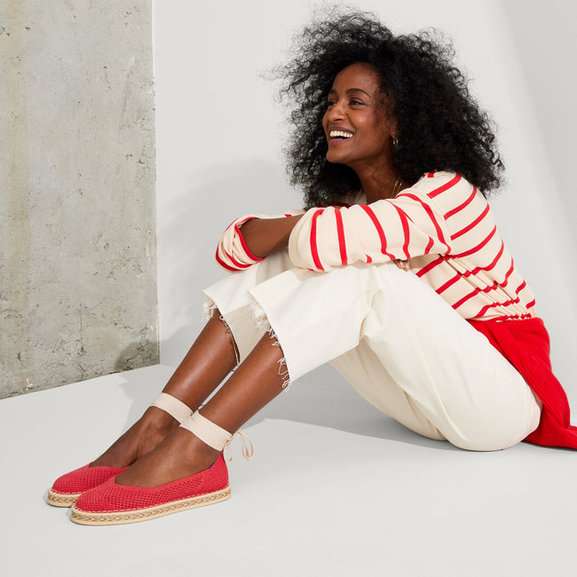 Model wearing The Espadrille in Red Hot.