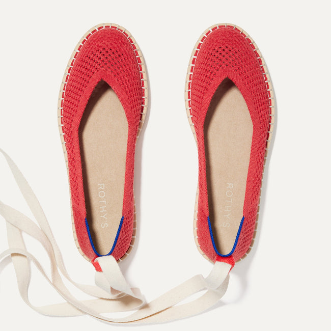 The Espadrille in Red Hot shown from the top, with the ankle tie. 