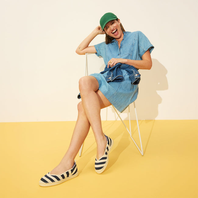 Model wearing The Espadrille in Sailor Stripes. 