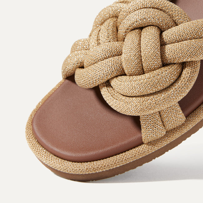 Close up of the vamp of The Summer Sandal in Golden Sun. 