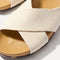 Close up of the crossing knit straps and toe of The Weekend Slide in Oat, shown in diagonal view. 
