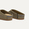 Close up of the heel of The Casual Clog in Toffee Raffia-Knit, with Rothy's signature blue halo. 