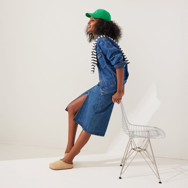 Alternate view of a model wearing The Hemp Casual Clog in Flax. 