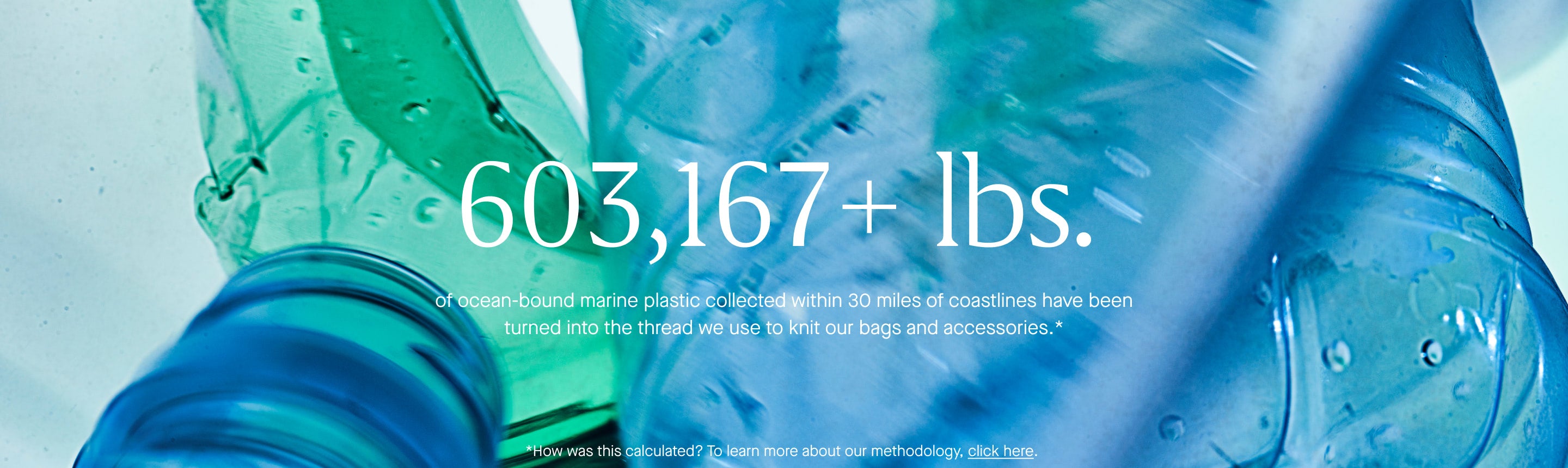 603,167+lbs of ocean-bound marine plastic collected within 30 miles of coastlines have been turned into the thread we use to knit our bags and accessories.*