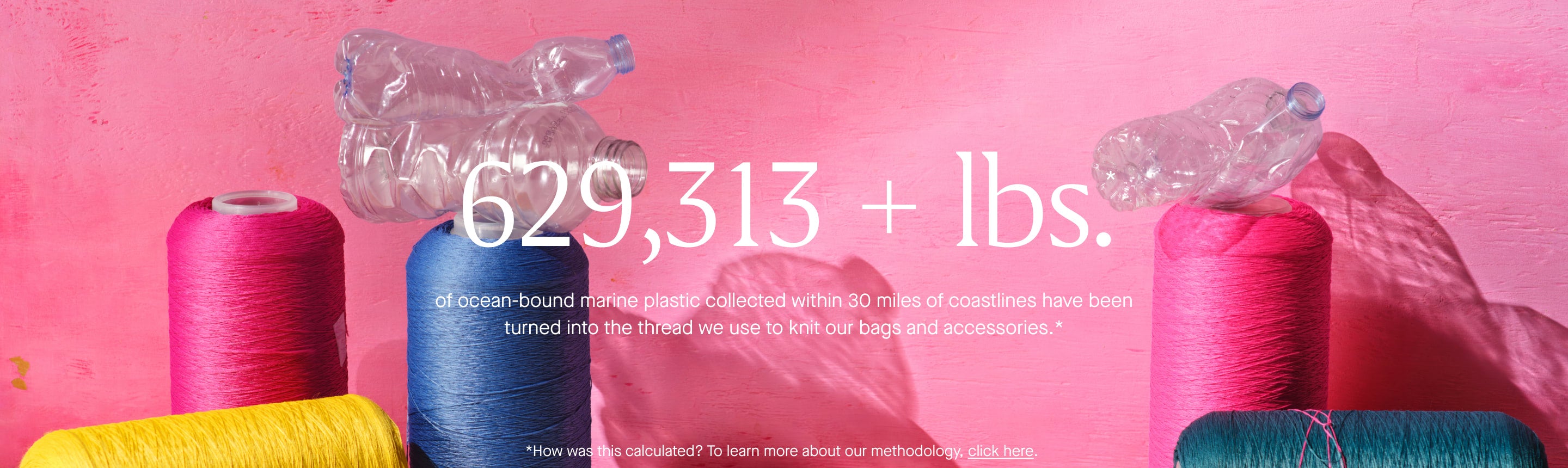 629,313+lbs of ocean-bound marine plastic collected within 30 miles of coastlines have been turned into the thread we use to knit our bags and accessories.*