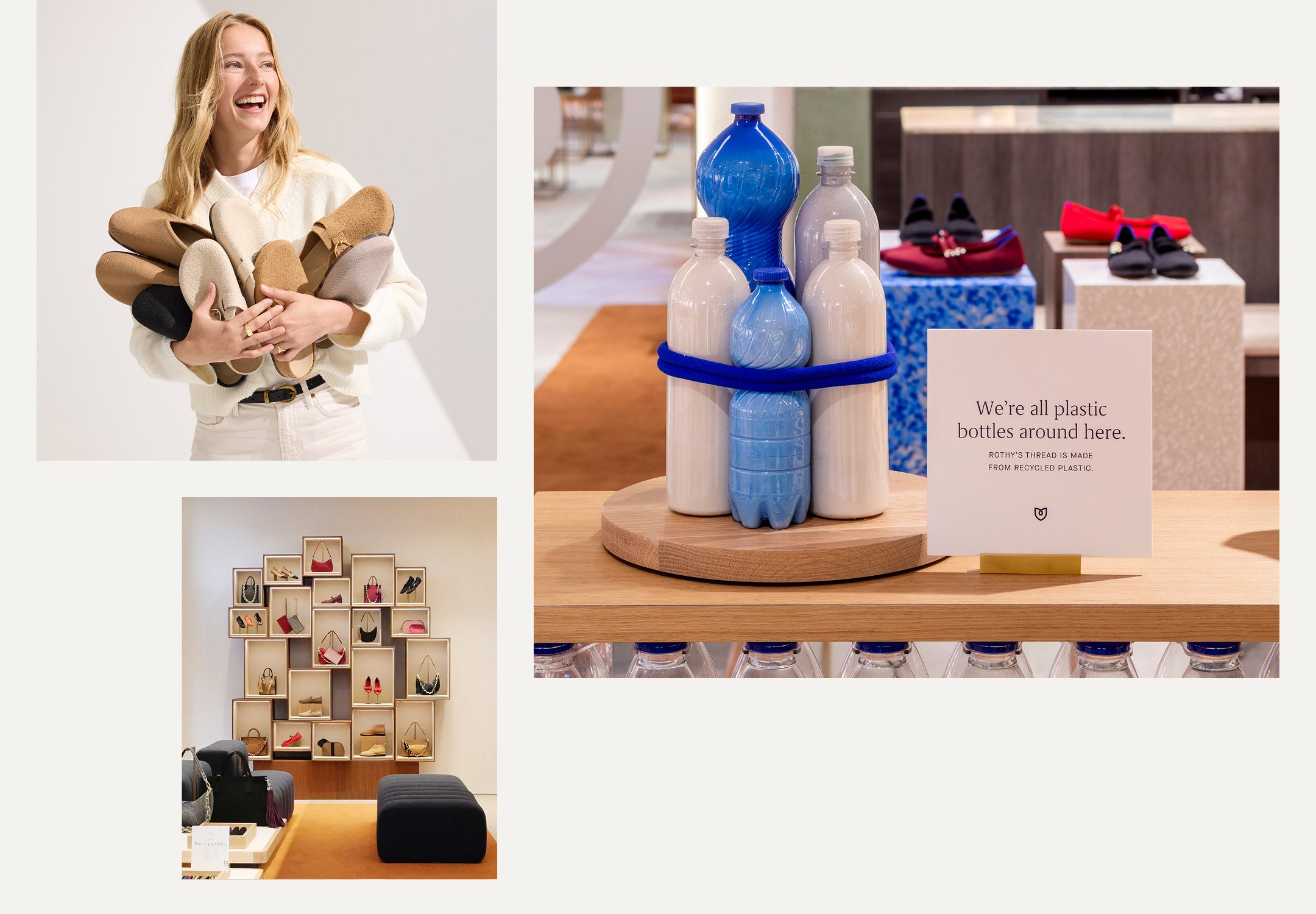 Woman holding a collection of clogs next to a window display that reads "Millions of recycled plastic bottles."
