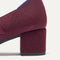 Closeup of the heel on The Mary Jane Heel in Wine Red.