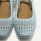 Top view of the square toe and rounded vamp of The Max Square Mary Jane in Powder Blue Crochet.