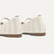 Close up of the heel of The Max Square Mary Jane in Sandy Crochet, with Rothy's signature blue halo.