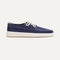 The Ravello Boat Shoe in Nautical Navy shown from the side. 